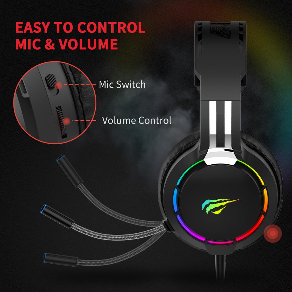 Havit-auriculares con micrófono para Gaming, audífonos profesionales HD con superbase envolvente, retroiluminación RGB, con cable para PC
