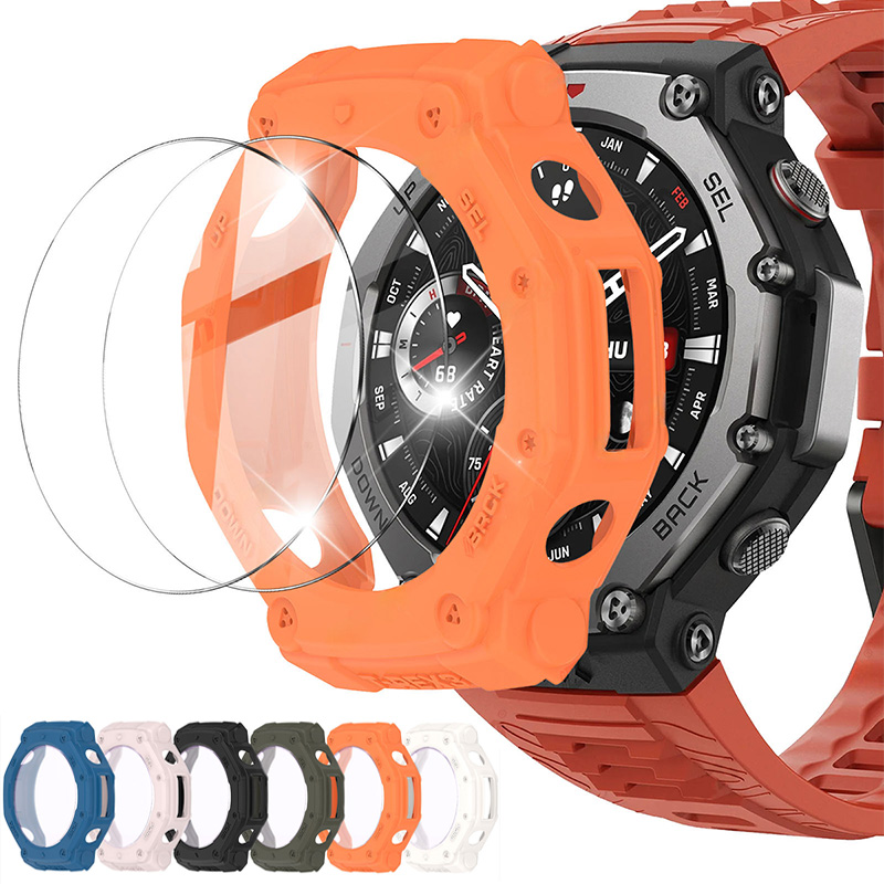 Vidrio + funda para Amazfit t-rex 3 Protector de pantalla antiarañazos película de vidrio templado + parachoques cubierta protectora de silicona Accesorios