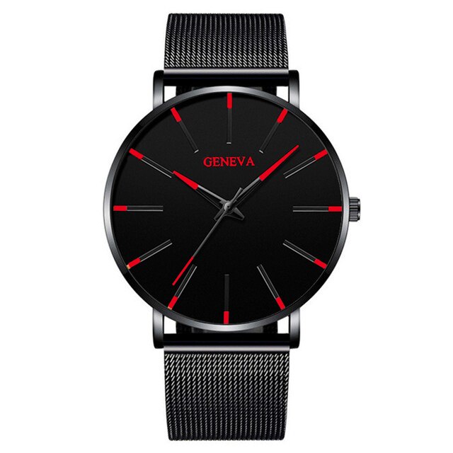 Minimalistische Mannen Mode Ultra Dunne Horloges Eenvoudige Mannen Business Roestvrijstalen Gaas Riem Quartz Horloge Relogio Masculino: W bk--Black red