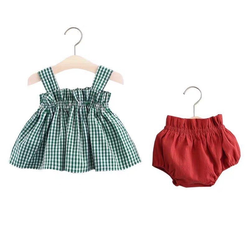 Summer Girls Clothes Sets Sleeveless Plaid Pattern Top and Cute Shorts 2 pcs Kids Suits Baby Children Outfits: Green and Red / 110