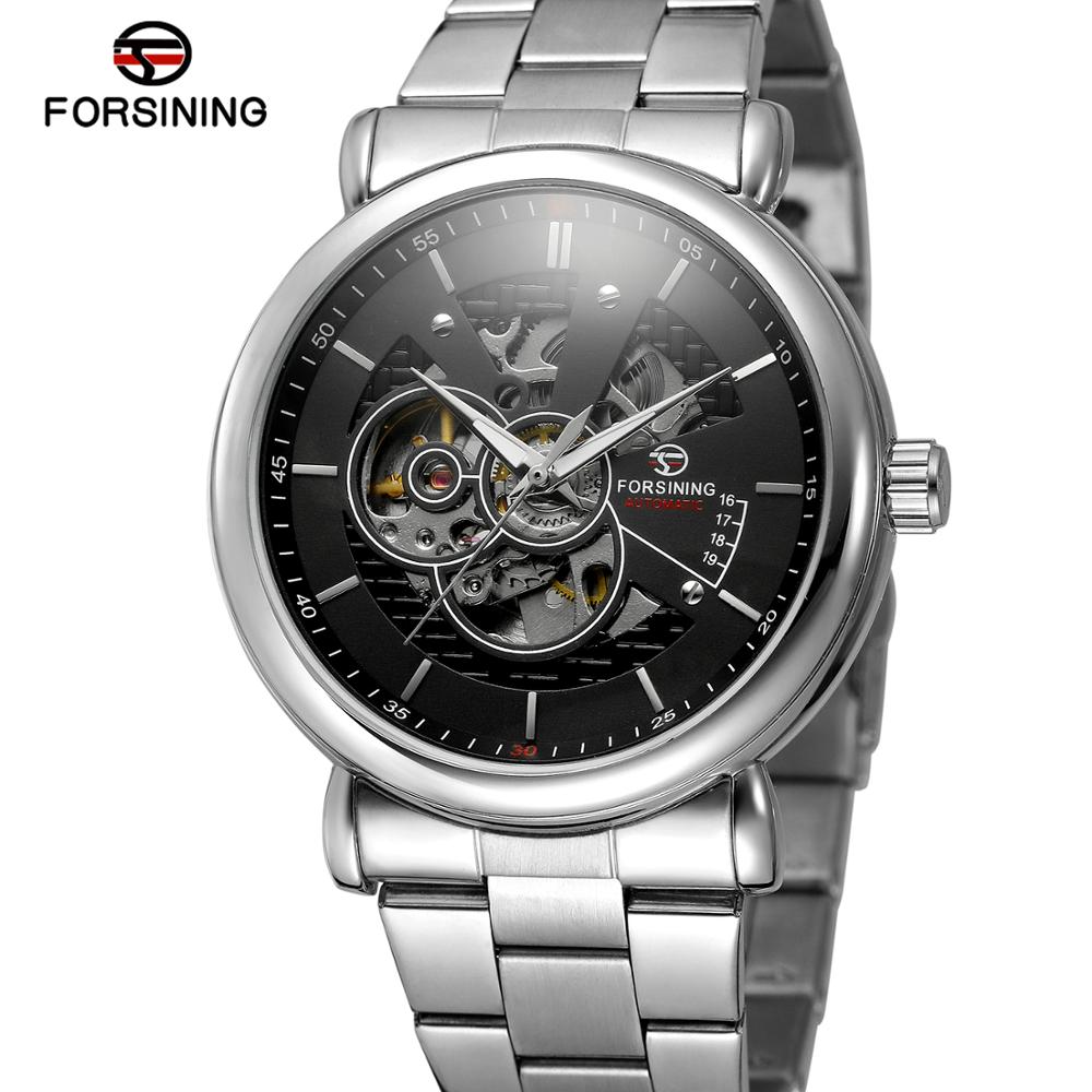 FORSINING Luxe Automatische Mechanische Horloge Goud Stalen Zakelijke Horloges Originele Mannen Horloge Top Klok Mannen Relojes Masculino: SILVER BLACK