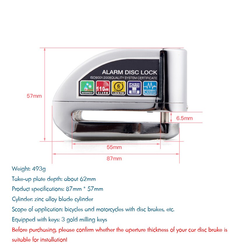 Motorcycle Disc Lock - Anti Theft Disc Lock Motorcycle Alarm with 110db Alarm Sound, Reminder Cable, 3 Keys, Storage Bag