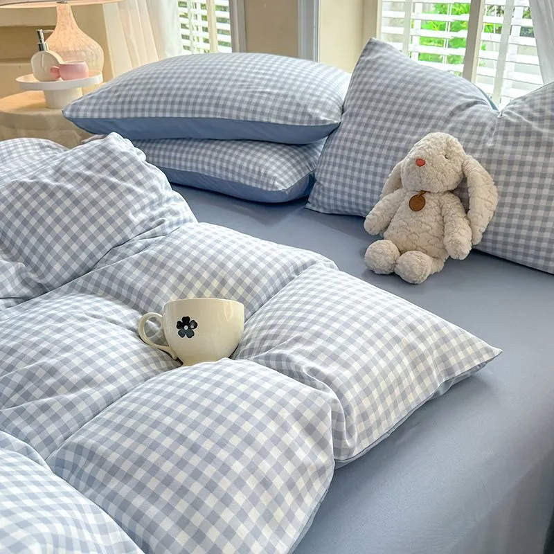 Parure de lit nordique verte à carreaux pour filles et garçons, housse de couette Double Queen Size, drap plat, taie d'oreiller, sans remplissage,: Roi / green