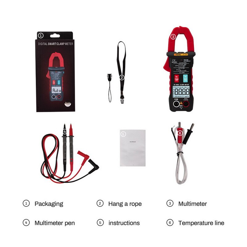Junejour digitale stroomtang analoge multimeter stroomtang dc/ac intelligente automatische bereikmeter met temperatuurtester