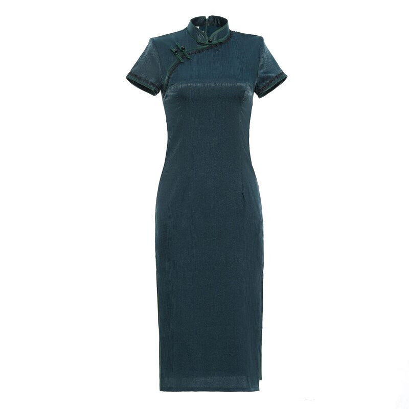 Cheongsam informal con cremallera en la espalda para mujer, vestido ajustado de manga corta con cuello de doble capa, estilo fino, liso, china, ropa de calle