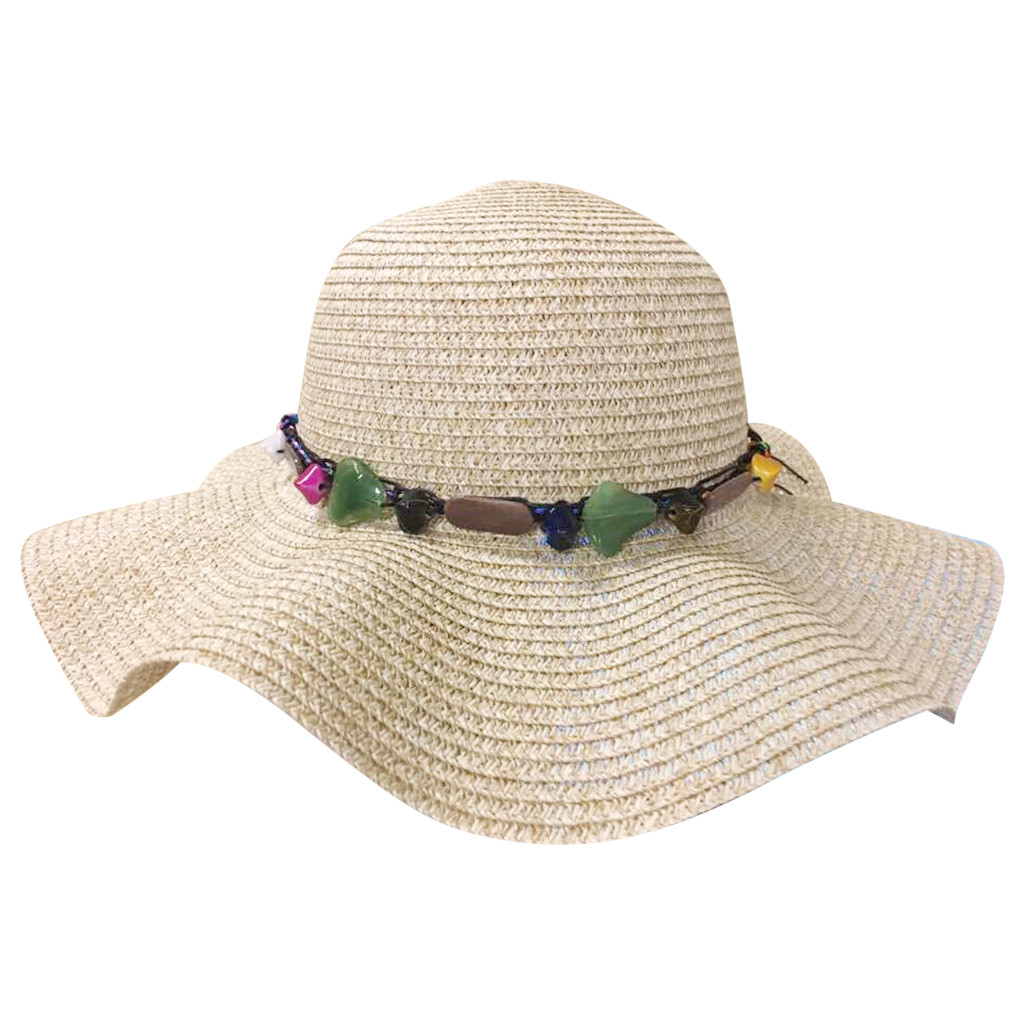 Women Big Wide Brim Straw Hat Colorful Stone Beach Sun Foldable Cap: KH