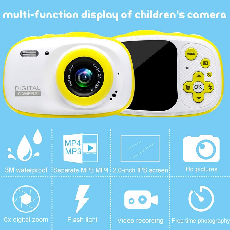 Kids Waterproof Digital Camera Video Mini Child Camcorder for Kids Support MP3/MP4 with 2.0 Inch HD IPS Screen Children's Camera