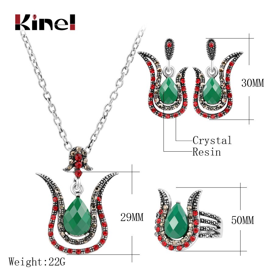 Kinel turquia conjuntos de jóias moda cor prata feminino retro verde pingente colar brinco anel de cristal rosa conjunto de jóias