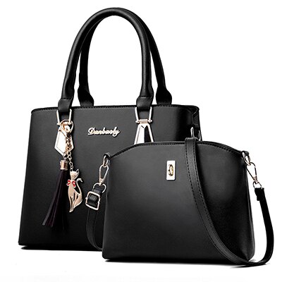 Women Bag Large Capacity Female Tassel Handbag Luxury Handbags plaid Women Bags Set 2 Pieces Bags: Black