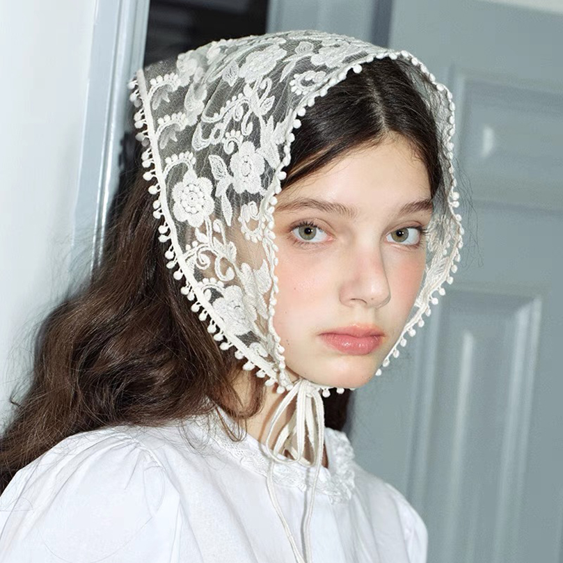 Lenço de cabelo de renda floral tecido branco envolve feminino retro triângulo lenço chapéu viagem foto bandana acessórios para o cabelo
