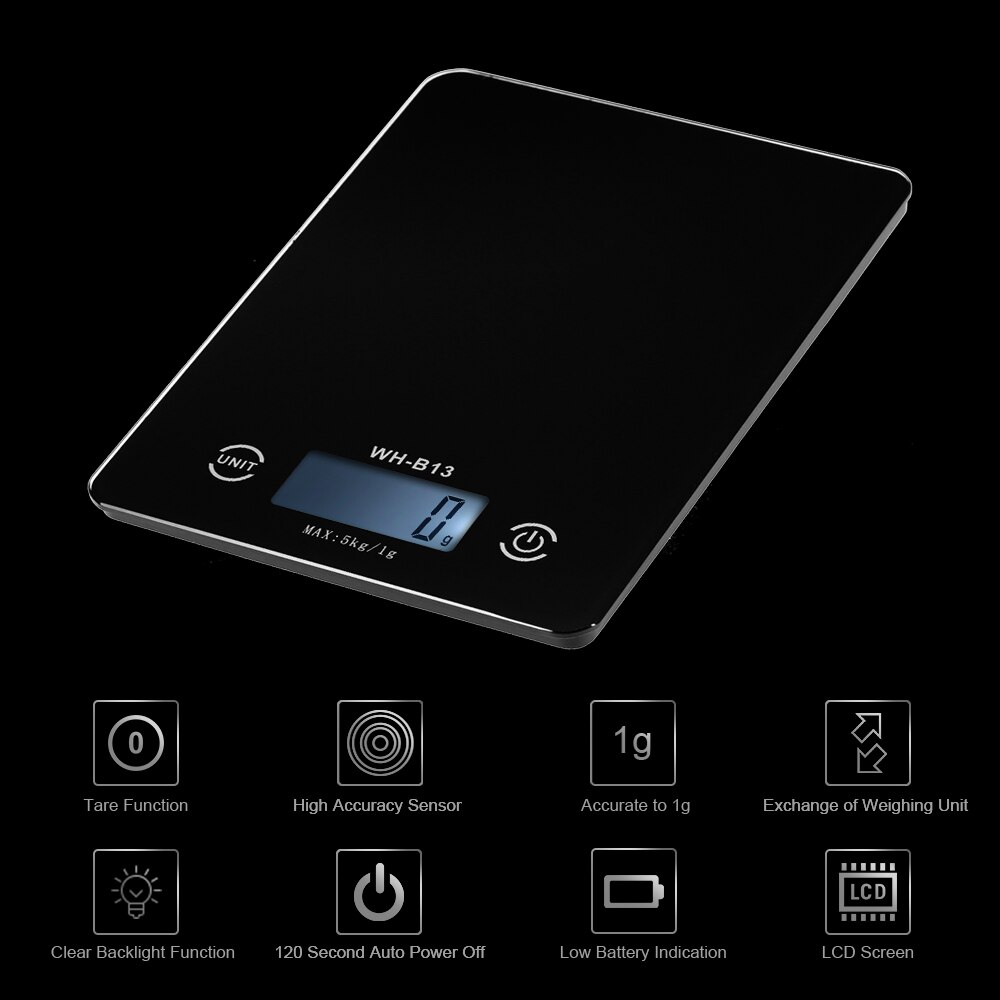 Digital Kitchen Scale LED Food Balance Scale 5KG/1g Kitchen Weight Measuring for Baking Cooking Black Electronic Kitchen Scale