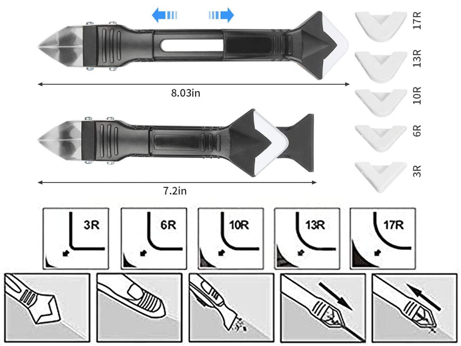 Strumento per calafataggio in silicone Strumento per raschietto multifunzione 5 in 1 Strumento per rimozione malta e mastice per lavandino della finestra del pavimento della cucina del bagno