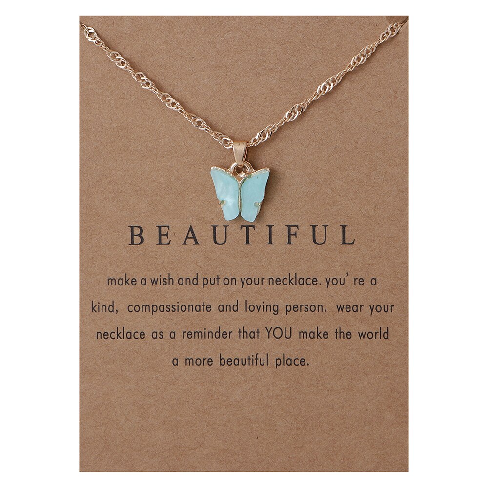 Cute Butterfly Pendant Necklace for Women Jewelry: gold card sky blue