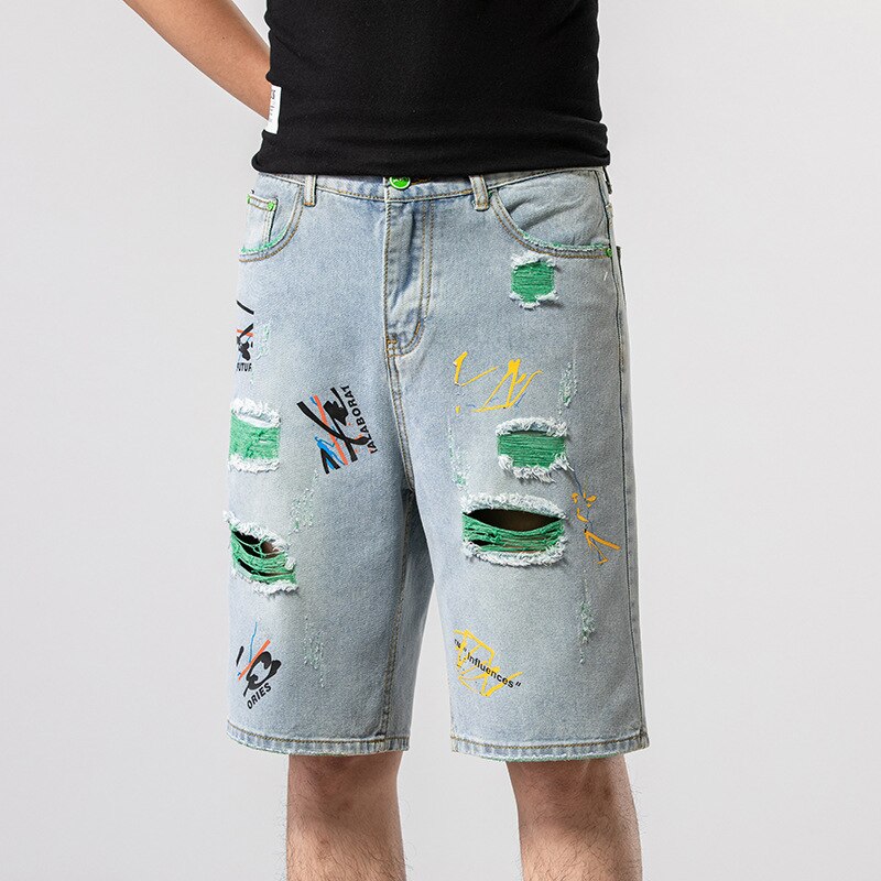 Lato bawełna z dziurami, dżinsowe szorty męskie porwane jeansy Retro jeansy męskie spodenki bermudy deskorolka Harem mężczyzna Jogger do kostek