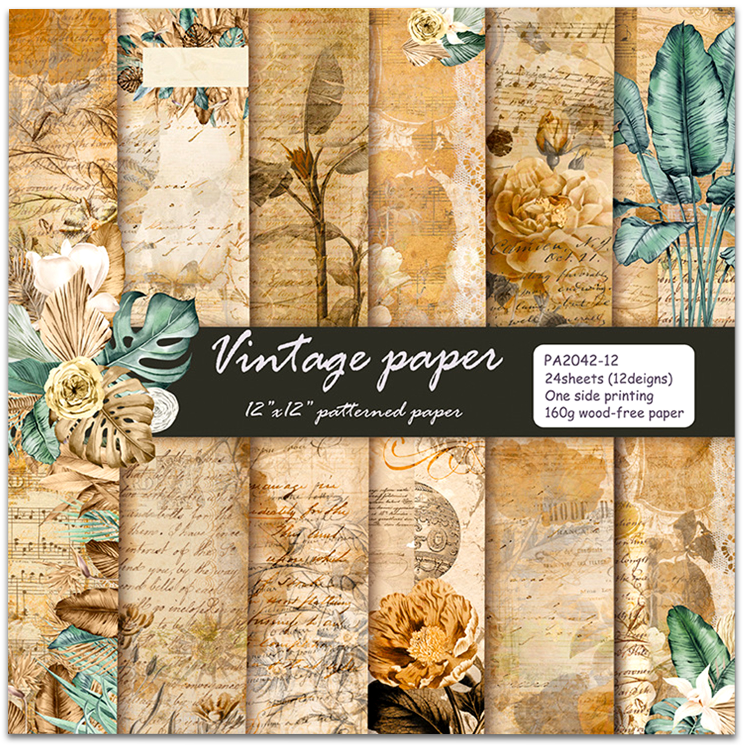 24 ark 30 x 30 cm hobbypapir til scrapbooking i blokk, akvarellfarget, enkeltsidig trykk, junk journal-kartong, rekvisita for kort