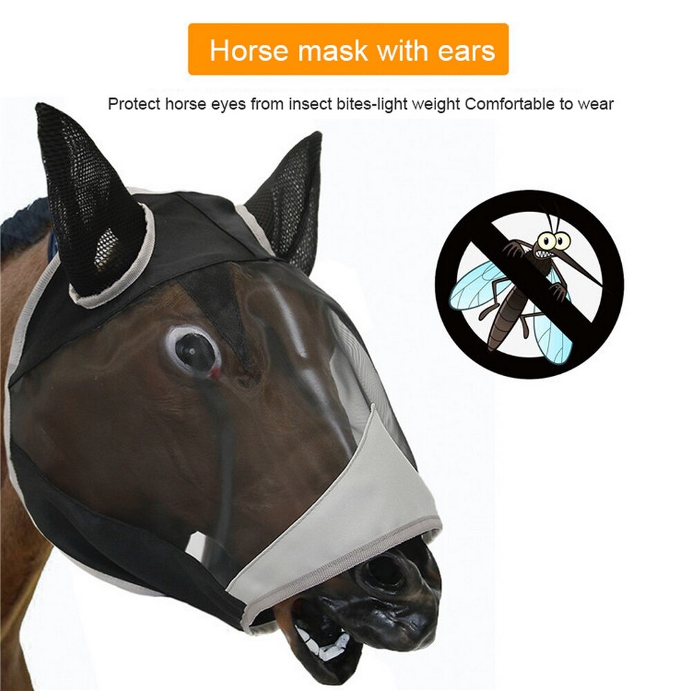 Fournitures équestres cheval masque facial tête-monté respirant maille couverture Anti-moustique Protection yeux et oreilles produit pour animaux de compagnie S/M/L
