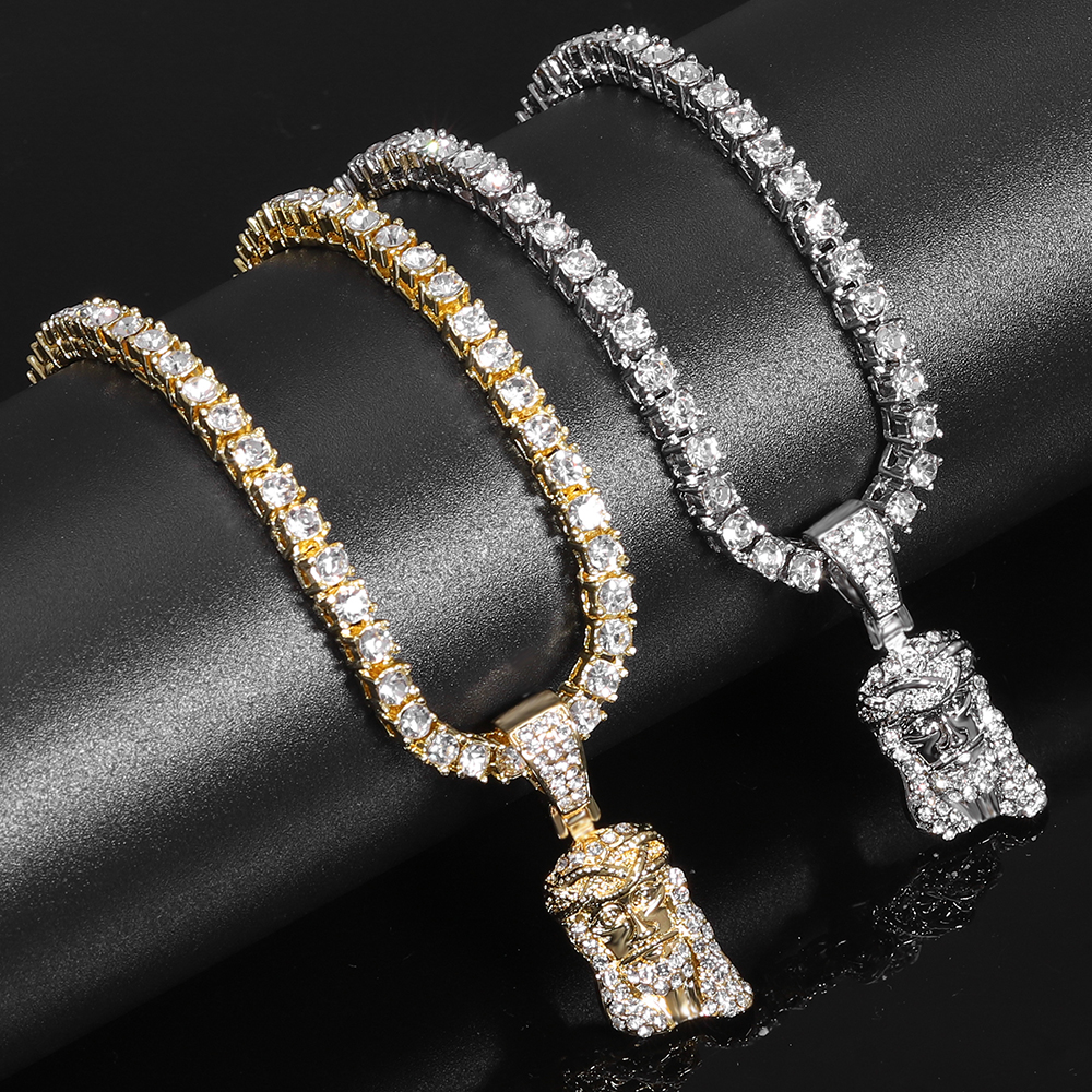 Colgante de cara de cabeza de pieza de Jesucristo para hombres, collar con dije de cristal brillante helado con cadena, joyería de Hip Hop