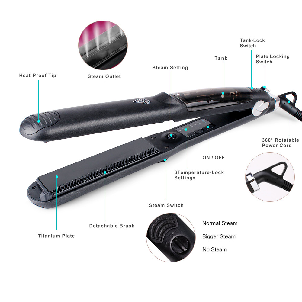 Hair Straightening Iron Steam Hair Straightener With Detachable Brush Ceramic Flat Iron Electric Hair Straightener