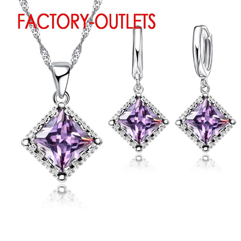Nova joia fashion para decoração, colar, brincos de argola, conjunto 925, prata esterlina, quadrado, zircônia cúbica, festa feminina: Purple