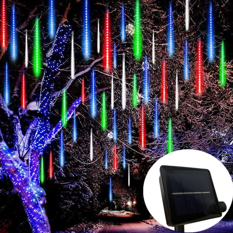 Guirlande lumineuse Led, décoration extérieure de noël pour arbre de jardin, 8 tubes 30/50cm, pluie de météores solaire, lumière féerique de: RGB / 0-5W