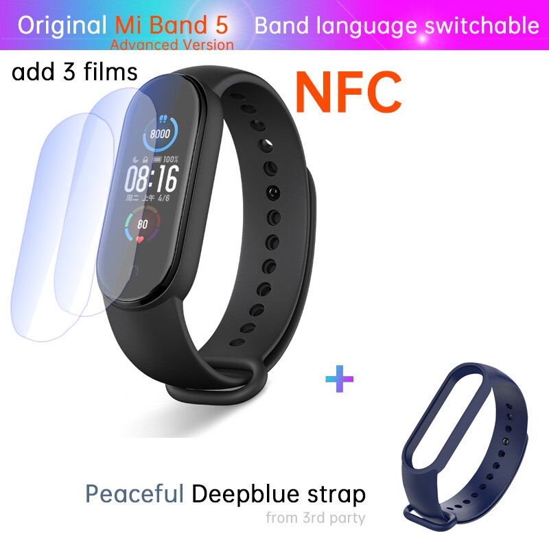 Xiaomi-pulsera inteligente Mi Band 5 con NFC, brazalete para el estrés, control del ritmo cardíaco, sueño, pasos, natación, deporte, alarma: NFC n film deepblue