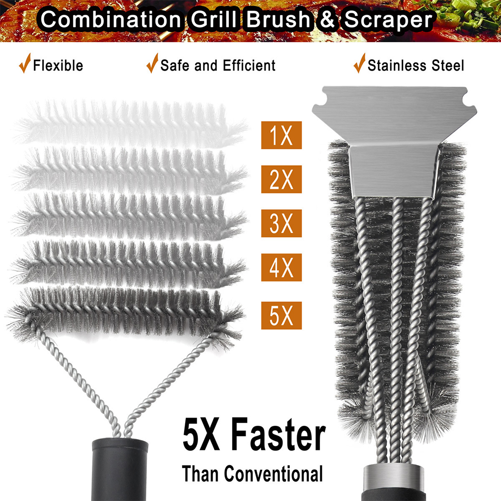 Grattoir à brosse de nettoyage de plaque de Barbecue à 3 têtes, grattoir en acier inoxydable, four à Grille, plateau à brosse métallique, d&#39;accessoires de Barbecue