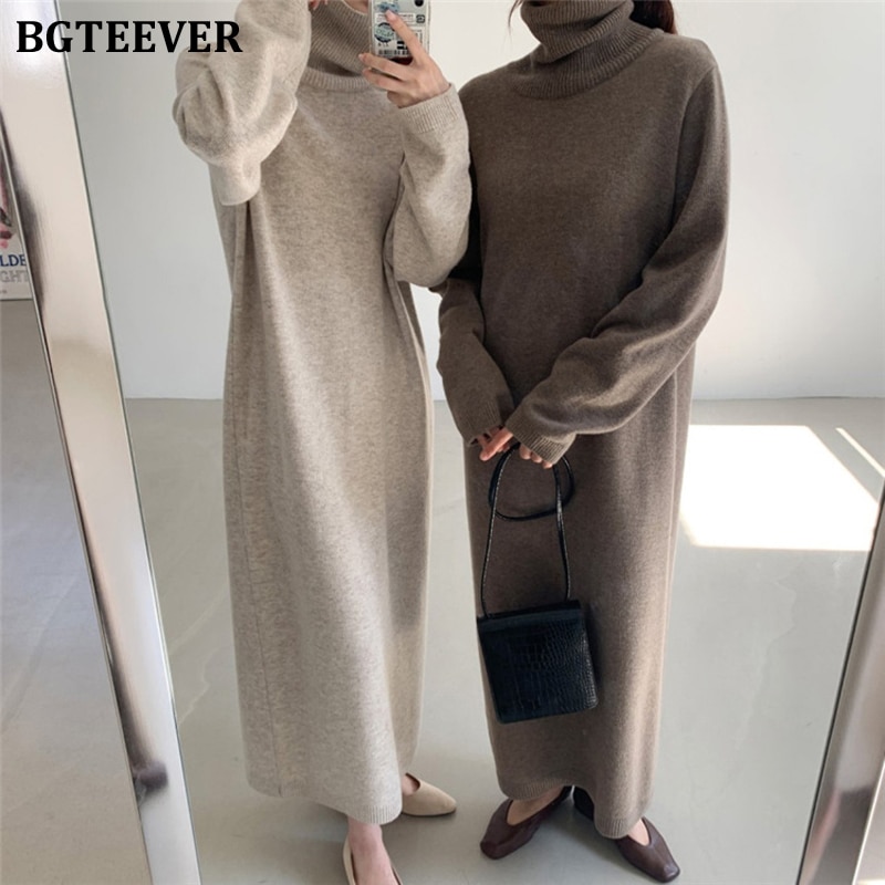 Bgteever afslappet tykkere varm kvinders strikket kjole med lange ærmer, løs turtleneck, kvindelige sweaterkjoler efterår vinter vestidos