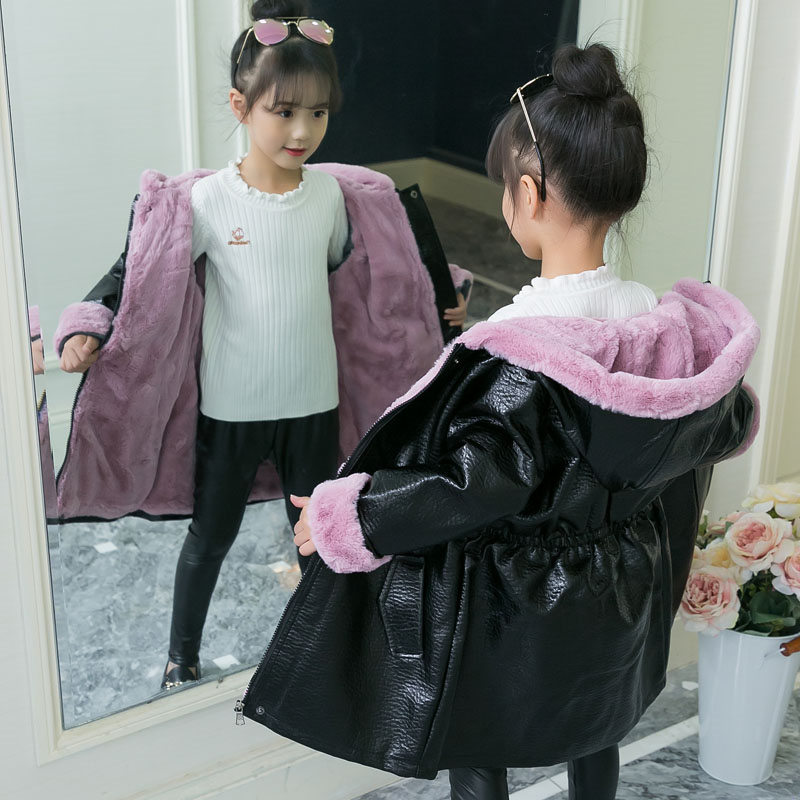 Faux Lederen Jas Meisjes Hooded Parka Fleece Jas Lange Lederen Elastische Taille Lederen Fleece Stof Waterdichte Bovenkleding Jas