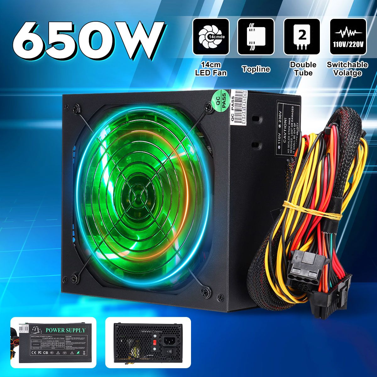 650W Computer Power Supply with 14cm LED Silent Fan 110~220V 24 Pin PCI SATA ATX 12V PC Desktop Power Supply