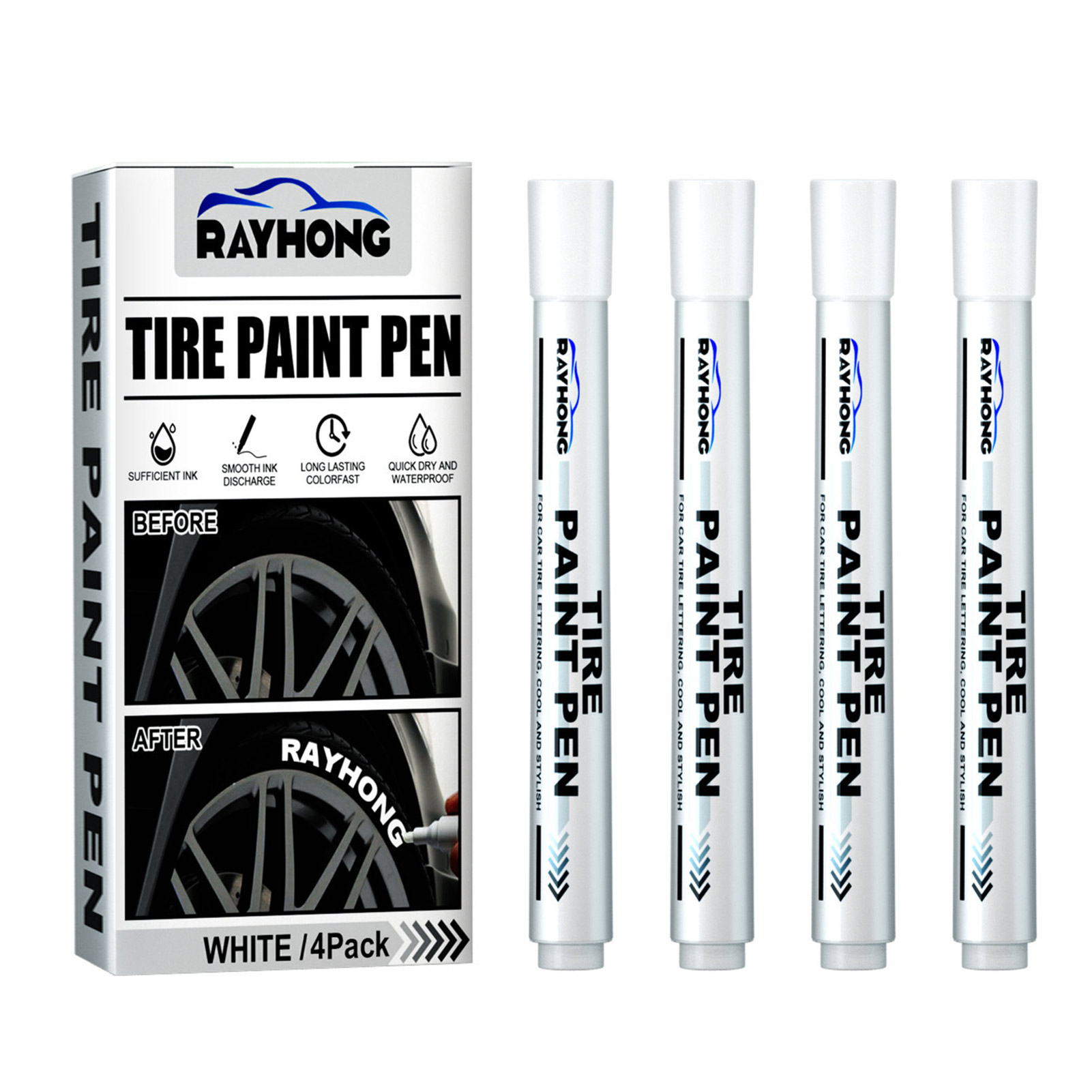 Rotulador de pintura para neumáticos, 4 piezas, rotuladores blancos, marcador de neumáticos blanco para neumáticos de coche, tinta a base de agua de Metal de goma, decoración de coche: Default Title