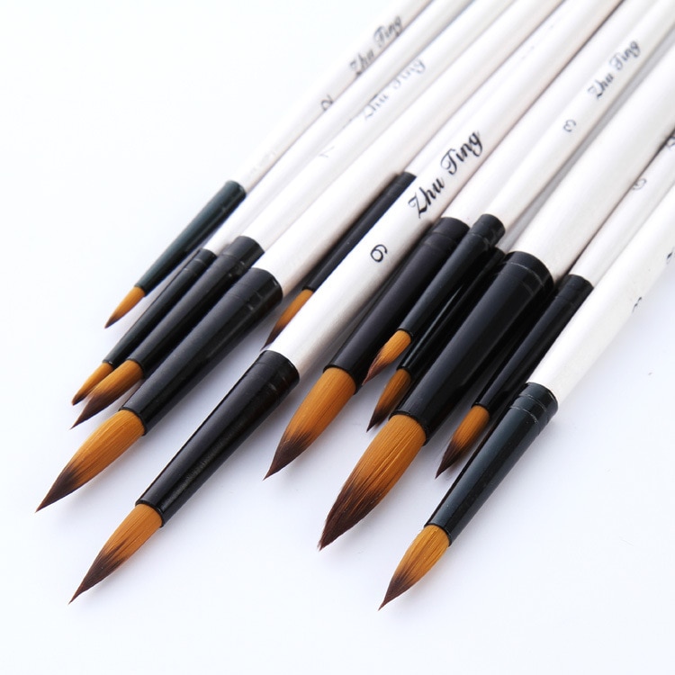 12 Stuks Nylon Haar Shell Wit Houten Handvat Aquarel Penseel Pen Set Voor Leren Diy Olie Acryl Schilderen Borstels levert