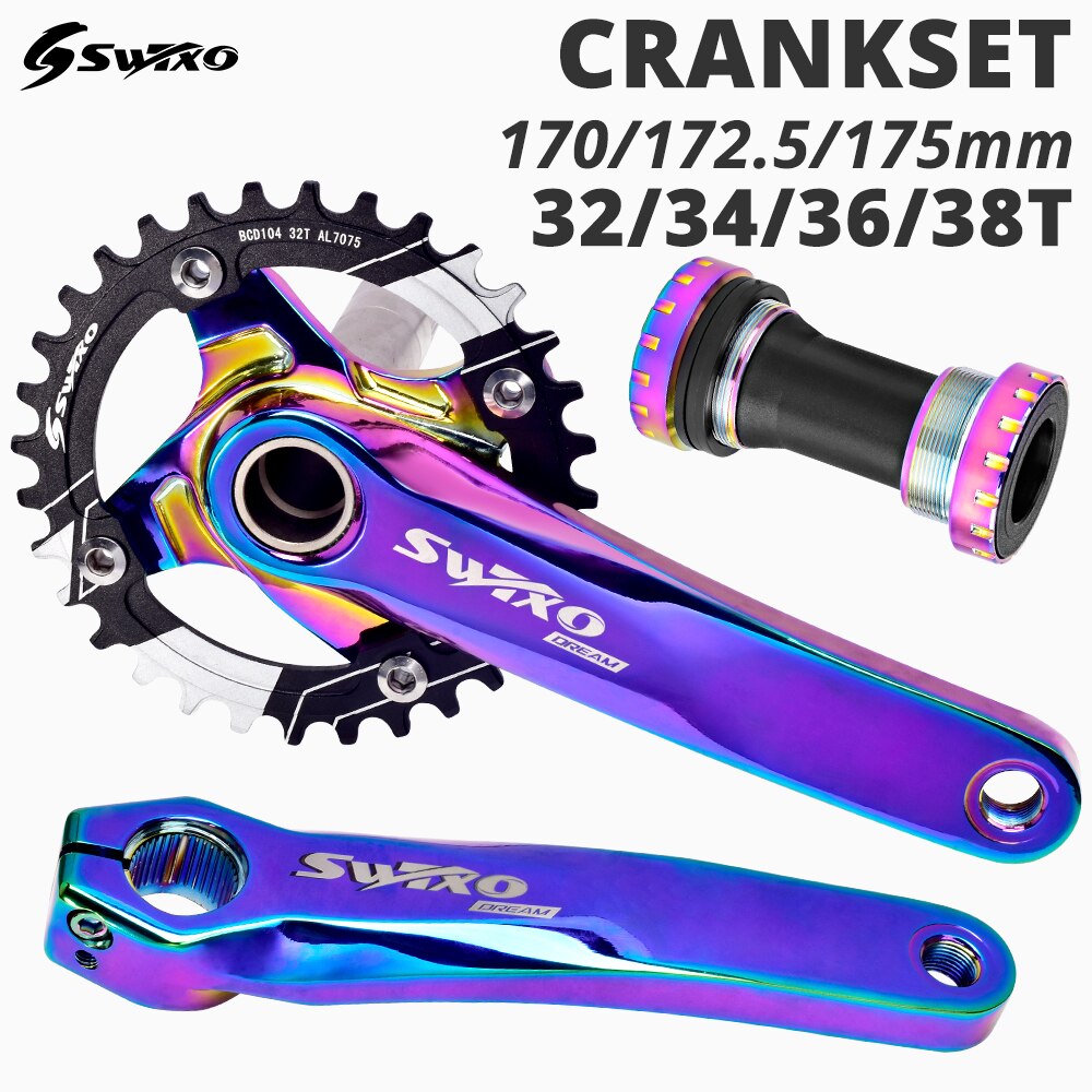 SWTXO 104BCD MTB Bike Crankset Bicycle Crank Chainwheel Rainbow Aluminum Alloy With Bottom 170mm Crank 32T 34T 36T 38T Plate