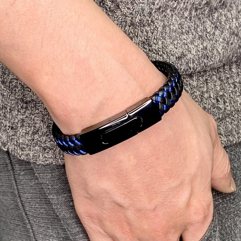 Fortafy Mannen Sieraden Zwart Lederen Touw Blauw Nylon Touw Gemengde Weave Mannelijke Armband Rvs Sluitingen Man Armbanden FR0045
