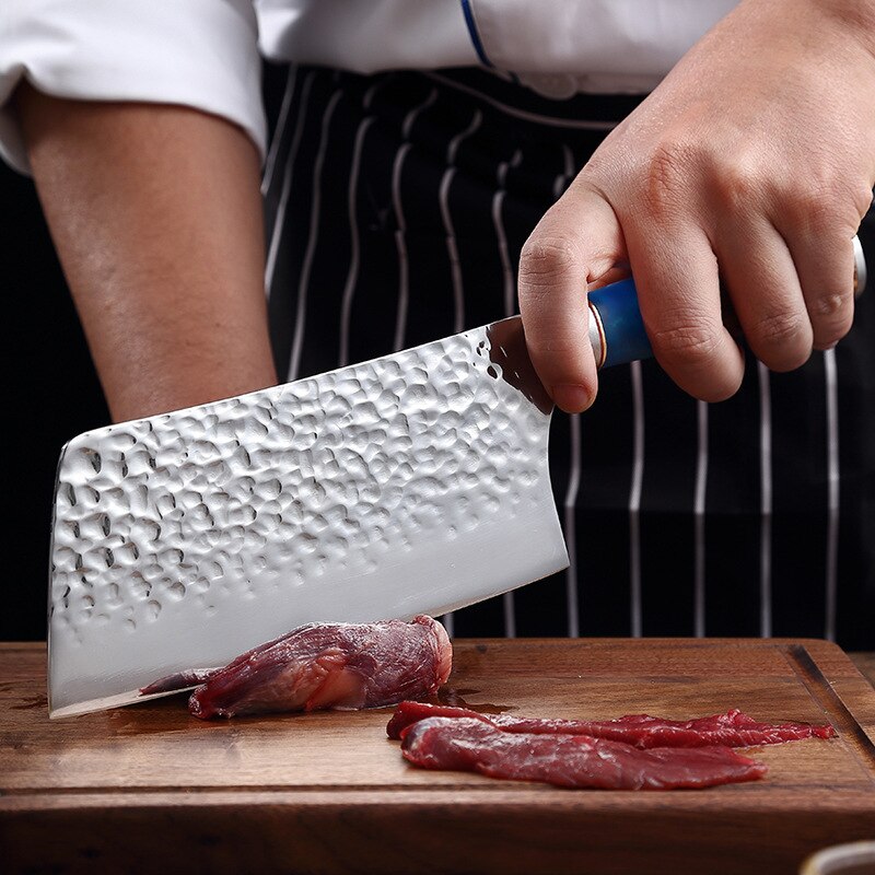 Traditional Handmade Forged Kitchen Knife Hammer Stainless Steel Chef's Chopper Cooking Knives Meat Slicer Butcher &amp; Case