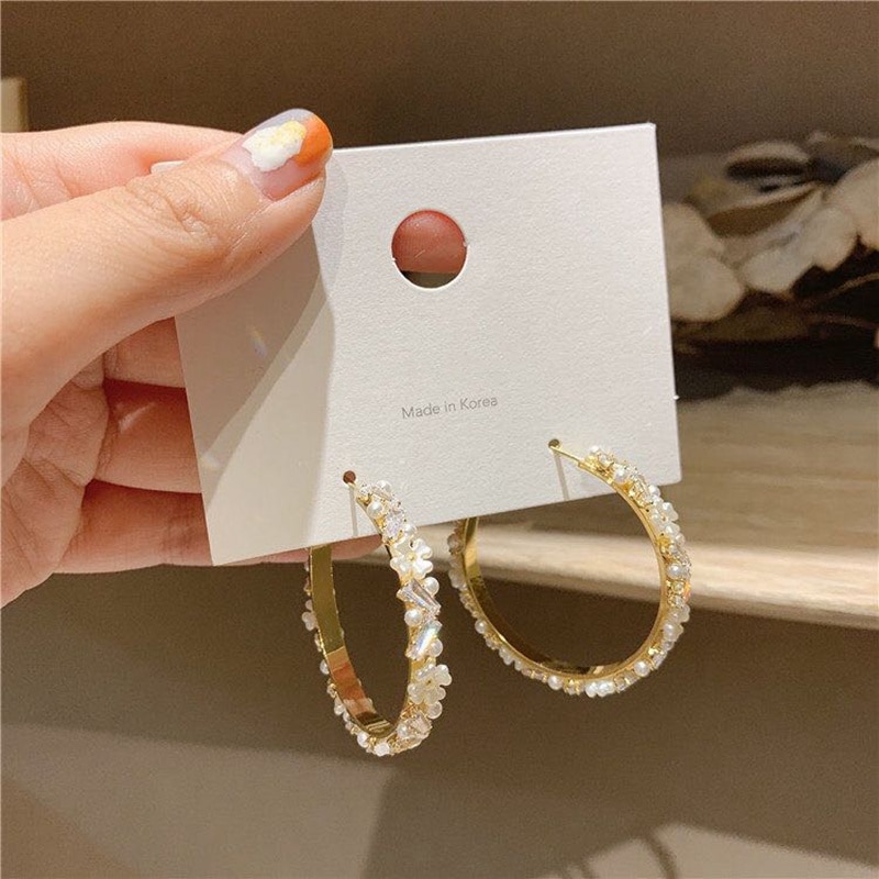 MENGJIQIAO Korean Shell Flower Circle Hoop Earrings For Women Cute Zircon Pearl Boucle d'oreille Jewelry