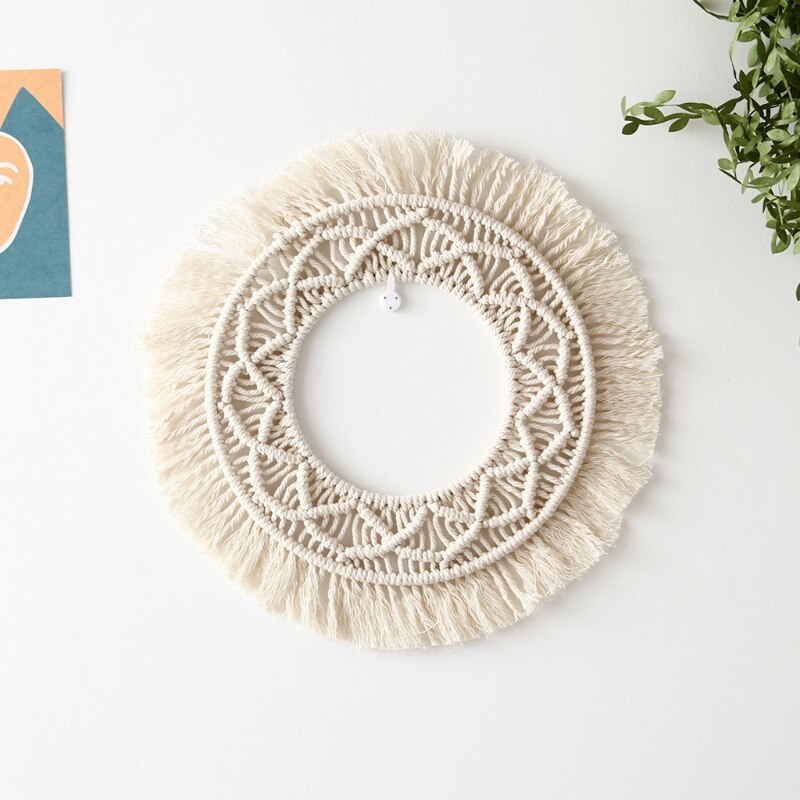 Marco de espejo de pared con borlas tejido a mano, tapiz de macramé bohemio, decoración colgante de pared redonda hueca para el hogar, decoración de habitación de niños