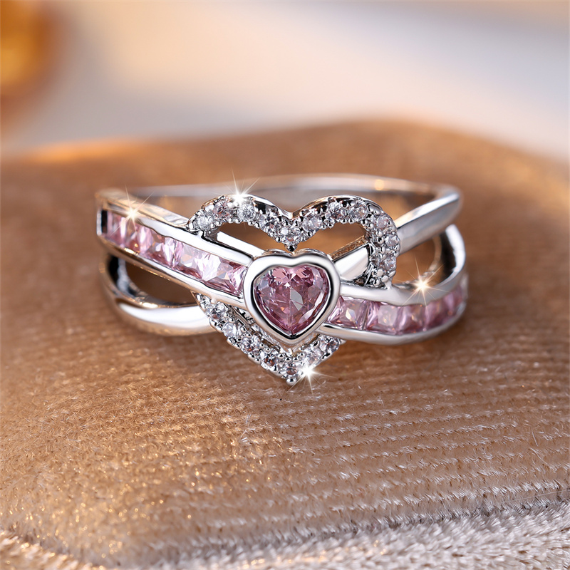 Bridal Love Heart Wedding Bands Silver Color Pink White Zircon Promise Engagement Rings For Women Luxury Valentine Day Jewelry: 7