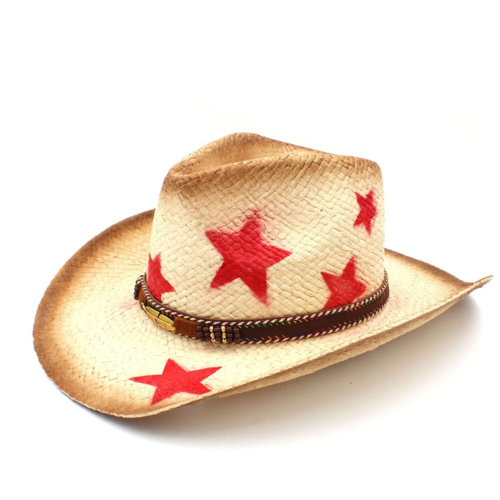 Frauen Männer Straw Western Cowboy Hut Mit Punk Blätter Band Stern Dame Dad Sombrero Hombre Cowgirl Jazz Kappen Größe 58CM