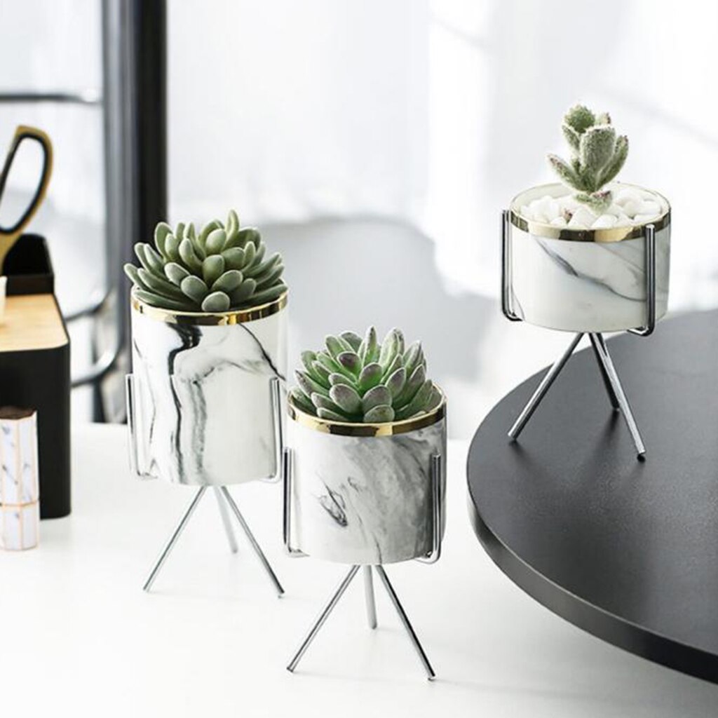 Vetplant Pot Marmer Patroon Keramische Succulent Potten Met Ijzeren Frame Houder Plantenbakken Pot Vetplanten Bloem Indoor Cactus