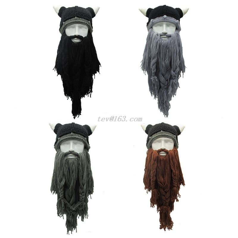 Adult Crazy Funny Halloween Cosplay Knitted Viking Beard Horn Hat Ski Mask Barbarian Vagabond Vintage Beanie Cap Winter Warmer