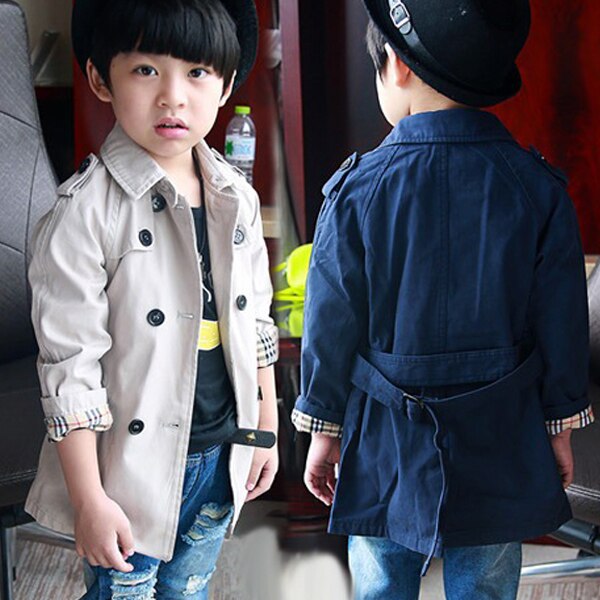 Boys Trench Coat Double-breasted Long Sleeve Outerwear Kids Windbreaker Children Trench Jacket Navy Blue 3-7Y