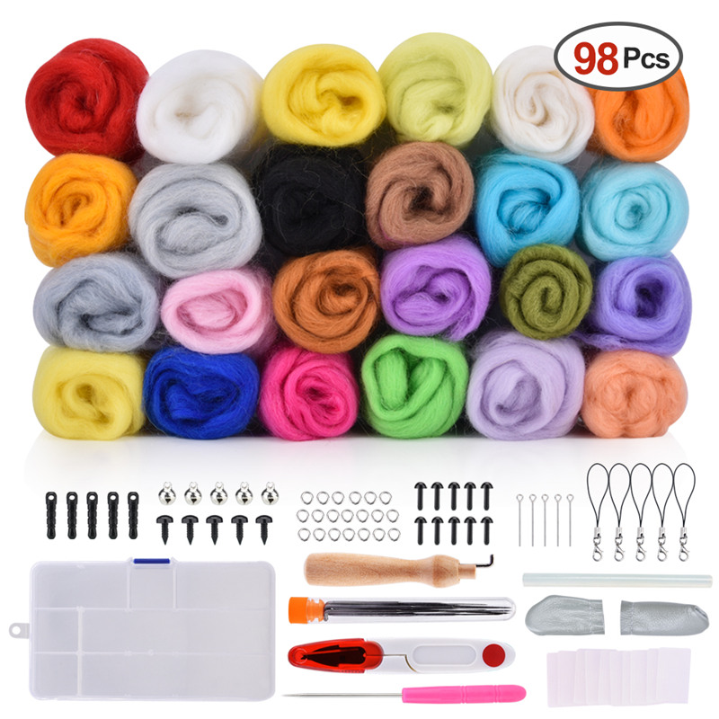24 Kit de fieltro de lana de colores, Kit de fieltro, hilo para manualidades de tela de arranque, hilo para manualidades, DIY, Fox Spinning, molde de costura, accesorios de costura: 98pcs Needle Felting