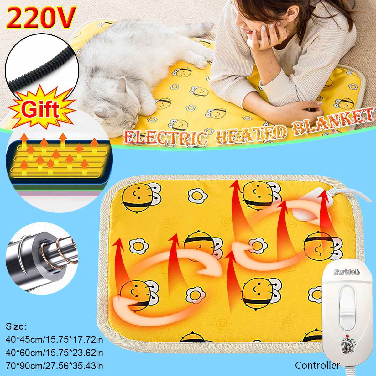 40x45/60cm Electric Heating Pad Blanket Pet Mat Bed Cat Dog Winter Warmer Pad Home Office Chair Heated Mat 220V Random Patterns