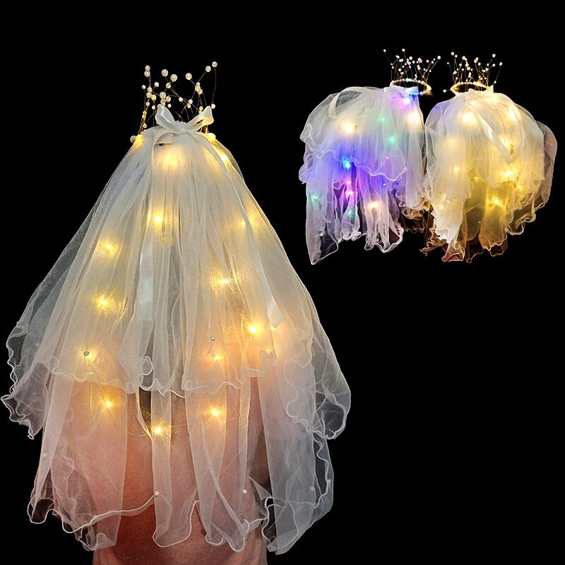 LED Flower Tulle Veil Headband Light Wreath Crown Women Girl Glow Party First Communion Wedding Luminous Festival Costume