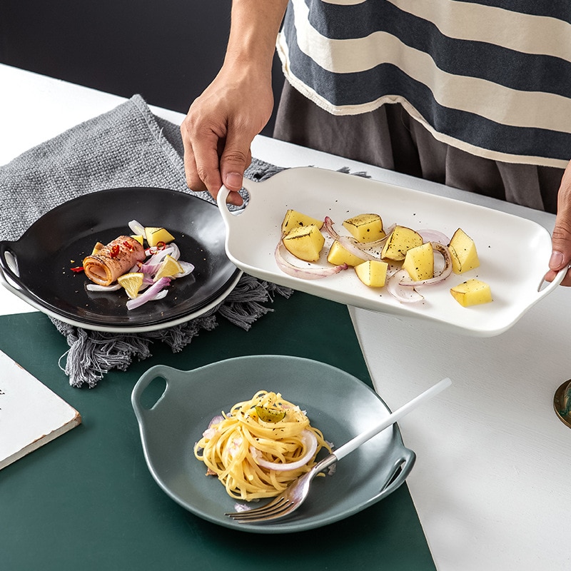 Assiette nordique en céramique mate, Double oreille, ménage, Dim Sum, plaque de cuisson, assiette occidentale rouge, assiettes carrées, ensemble assiette à dîner
