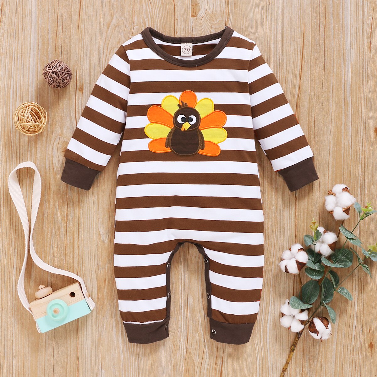 Nyfödda flickor halloween tacksägelse jul jumpsuits rund hals långärmad tecknad rand rutig lång romper overall kläder