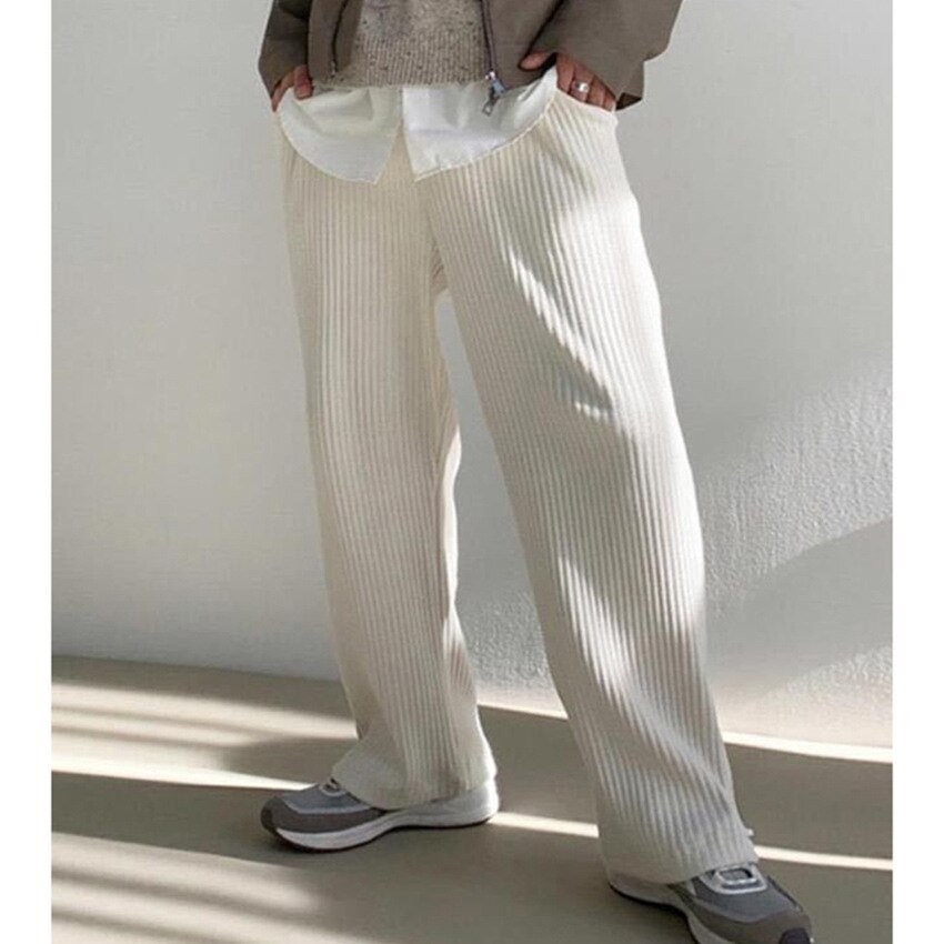 Men's Solid Color Vertical Pattern Loose Flared Pants European American Trend Drape Straight Casual High Waist Trousers: M