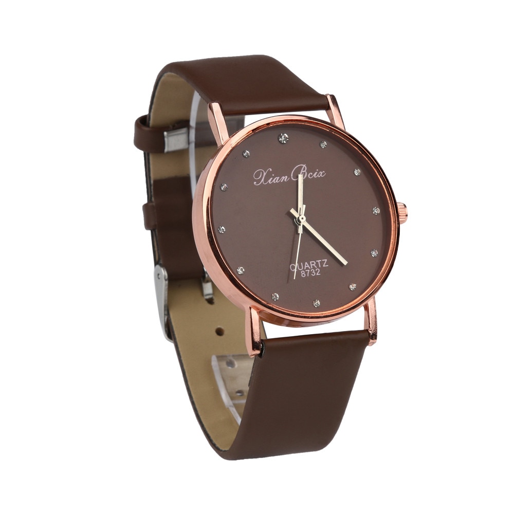 Mode Vrouwen Diamant Leatheroid Band Ronde Wijzerplaat Quartz Horloge Co Legering Synthetische Leather Analoge Quartz Sport Horloge: Bruin