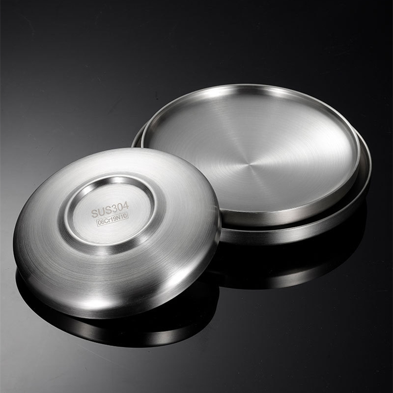 Plato de cena redondo de acero inoxidable grueso, platos de postre occidentales, bandeja de doble capa, mesa de comedor antiquemaduras, decoración del hogar