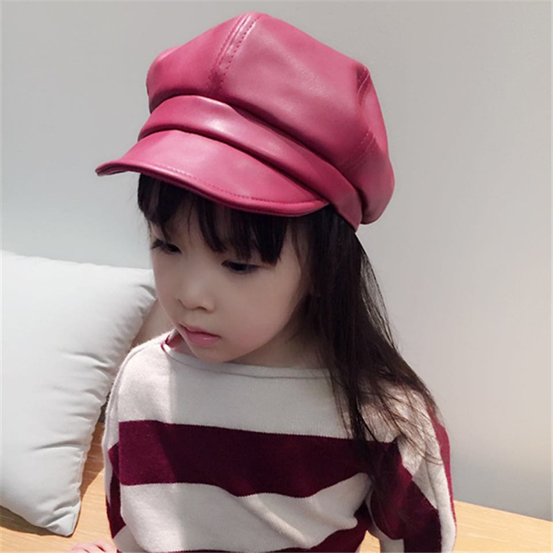 Winter children Girls PU Leather Newsboy Caps Kids Girls Autumn octagonal cap Child hat Autumn